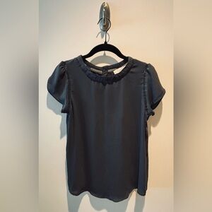 LOFT Blue-Grey Ruffled Cap Sleeve Blouse with Delicate Detailing